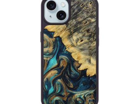 iPhone 15 Wood+Resin Phone Case - Rosalie (Teal & Gold, 692074) For Cheap