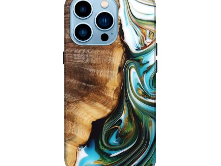 iPhone 14 Pro Wood+Resin Live Edge Phone Case - Aubrey (Teal & Gold, 692662) For Sale