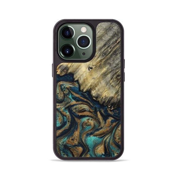 iPhone 13 Pro Wood+Resin Phone Case - Leticia (Teal & Gold, 692062) Supply