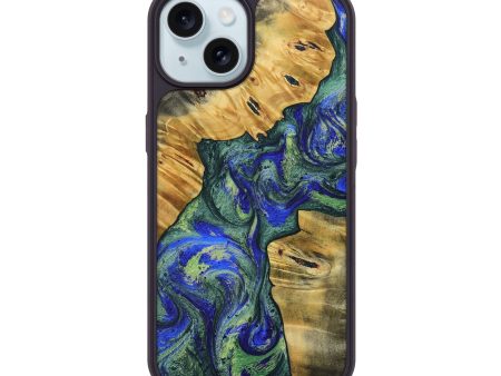 iPhone 15 Wood+Resin Phone Case - Shelley (Green, 691657) Cheap