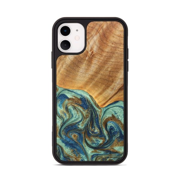 iPhone 11 Wood+Resin Phone Case - Antoinette (Teal & Gold, 691554) Cheap