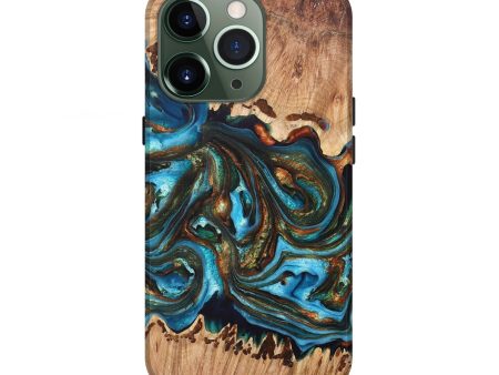 iPhone 13 Pro Wood+Resin Live Edge Phone Case - Olga (Teal & Gold, 693588) Fashion