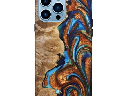 iPhone 14 Pro Max Wood+Resin Live Edge Phone Case - Chloe (Teal & Gold, 691738) For Cheap