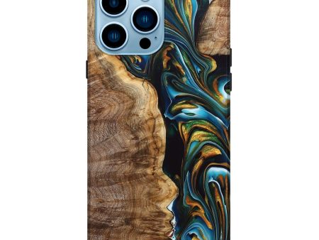 iPhone 14 Pro Max Wood+Resin Live Edge Phone Case - Bruce (Teal & Gold, 691742) Hot on Sale