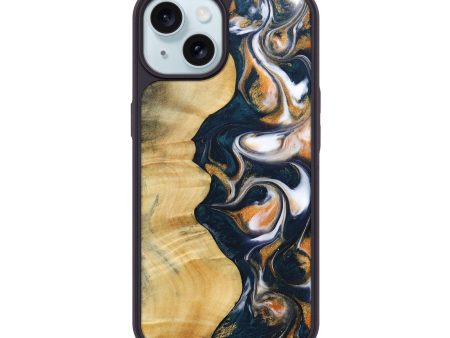 iPhone 15 Wood+Resin Phone Case - Lindsay (Teal & Gold, 691561) on Sale