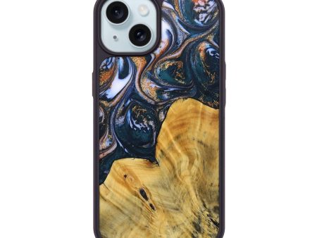 iPhone 15 Wood+Resin Phone Case - Rodney (Teal & Gold, 692580) For Cheap