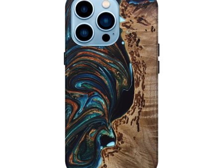 iPhone 14 Pro Wood+Resin Live Edge Phone Case - Ervin (Teal & Gold, 692224) Discount