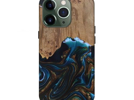 iPhone 13 Pro Wood+Resin Live Edge Phone Case - Eli (Teal & Gold, 692225) Supply