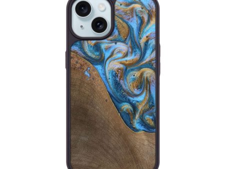 iPhone 15 Wood+Resin Phone Case - Chandler (Teal & Gold, 693516) Online Sale