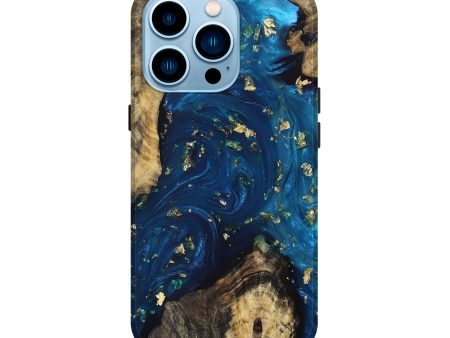 iPhone 14 Pro Wood+Resin Live Edge Phone Case - Bernice (Teal & Gold, 693794) For Sale