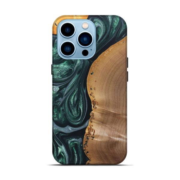 iPhone 14 Pro Wood+Resin Live Edge Phone Case - Emery (Green, 689582) For Cheap