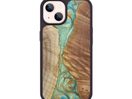 iPhone 14 Wood+Resin Phone Case - Theo (Teal & Gold, 689804) For Cheap