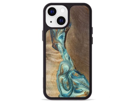 iPhone 13 mini Wood+Resin Phone Case - Shelly (Teal & Gold, 692832) For Sale