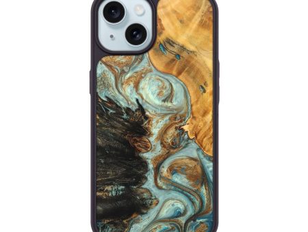 iPhone 15 Wood+Resin Phone Case - Shawn (Teal & Gold, 692241) Discount