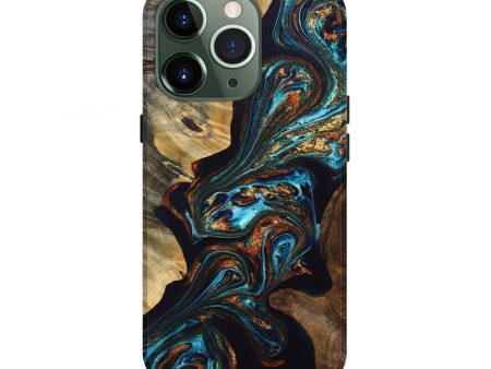 iPhone 13 Pro Wood+Resin Live Edge Phone Case - Jaslene (Teal & Gold, 691897) on Sale