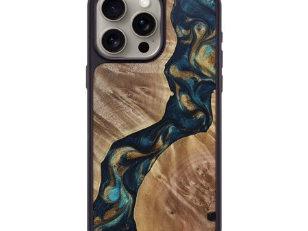 iPhone 15 Pro Max Wood+Resin Phone Case - Debby (Teal & Gold, 692058) Supply