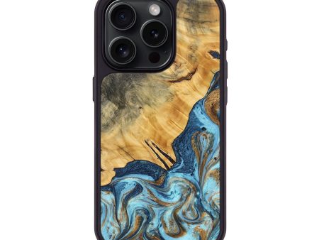 iPhone 15 Pro Wood+Resin Phone Case - Bryanna (Teal & Gold, 692579) For Cheap