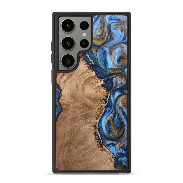 Galaxy S23 Ultra Wood+Resin Phone Case - Abraham (Teal & Gold, 690967) For Sale