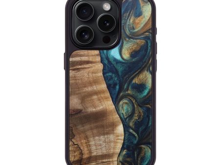 iPhone 15 Pro Wood+Resin Phone Case - Tyson (Teal & Gold, 690371) Cheap